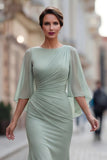 Sage Green Chiffon Mermaid Ruched Mother of the Bride Dress with Sleeve