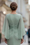 Sage Green Chiffon Mermaid Ruched Mother of the Bride Dress with Sleeve