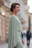 Sage Green Chiffon Ruffled Mermaid Ruched Mother of the Bride Dress with Sleeve