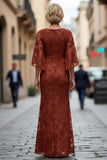 Lace Rust Sheath Ruched Mother of the Bride Dress with Half Sleeve