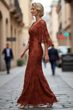 Lace Rust Sheath Ruched Mother of the Bride Dress with Half Sleeve