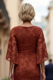 Lace Rust Sheath Ruched Mother of the Bride Dress with Half Sleeve
