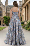 Blue Corset A Line Printed Square Neck Long Floral Dress with Slit