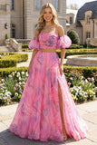 Off The Shoulder Pink Floral A Line Maxi Dress with Slit