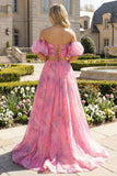 Off The Shoulder Pink Floral A Line Maxi Dress with Slit