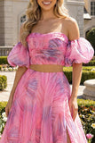 Off The Shoulder Pink Floral A Line Maxi Dress with Slit