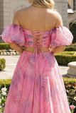 Off The Shoulder Pink Floral A Line Maxi Dress with Slit