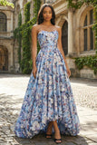 Strapless A-Line Blue Floral Corset Long Satin Dress