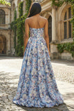 Strapless A-Line Blue Floral Corset Long Satin Dress