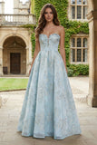 Light Blue A-Line Strapless Jacquard Satin Brocade Maxi Dress
