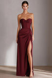 Burgundy Sweetheart Sheath Long Satin Dress with Slit