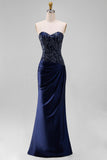 Navy Mermaid Strapless Maxi Dress with Sequins