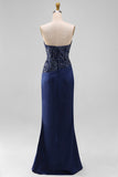 Navy Mermaid Strapless Maxi Dress with Sequins