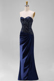 Navy Mermaid Strapless Maxi Dress with Sequins