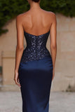 Navy Mermaid Strapless Maxi Dress with Sequins