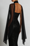 Sparkly Black Mermaid Sweetheart Maxi Dress with a Neck Sacrf