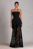 Black A-Line Strapless Long Satin Dress with Lace