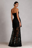 Black A-Line Strapless Long Satin Dress with Lace