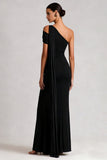 One Shoulder Black Mermaid Long Satin Dress with Streamer