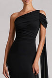 One Shoulder Black Mermaid Long Satin Dress with Streamer
