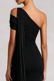 One Shoulder Black Mermaid Long Satin Dress with Streamer