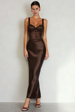 Simple Coffee Satin Sheath Maxi Dress with Slit