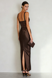 Simple Coffee Satin Sheath Maxi Dress with Slit