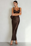 Simple Coffee Satin Sheath Maxi Dress with Slit