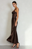 Simple Coffee Satin Sheath Maxi Dress with Slit