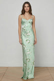 Sage Green Sheath Printed Long Floral Dress with Lace Up Back