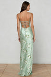 Sage Green Sheath Printed Long Floral Dress with Lace Up Back