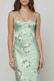 Sage Green Sheath Printed Long Floral Dress with Lace Up Back