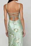 Sage Green Sheath Printed Long Floral Dress with Lace Up Back
