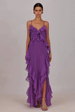Sheath Ruffled Chiffon Long Plum Dress with Slit