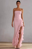 Pink Strapless Ruffled Sheath Long Chiffon Dress with Slit
