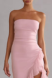 Pink Strapless Ruffled Sheath Long Chiffon Dress with Slit