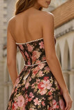 Strapless A-Line Printed Black Pink Flower Midi Dress with Pearls