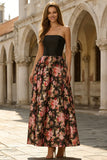 Black A-Line Printed Strapless Long Floral Dress