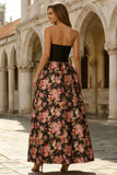 Black A-Line Printed Strapless Long Floral Dress