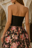 Black A-Line Printed Strapless Long Floral Dress