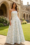 Strapless Blue White Flower Printed A-Line Maxi Dress