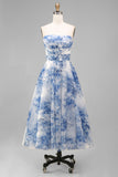 White Blue Flower Strapless A-Line Ruched Midi Floral Dress