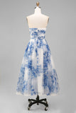 White Blue Flower Strapless A-Line Ruched Midi Floral Dress