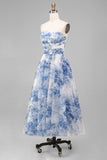 White Blue Flower Strapless A-Line Ruched Midi Floral Dress