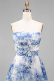 White Blue Flower Strapless A-Line Ruched Midi Floral Dress
