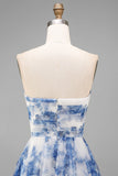 White Blue Flower Strapless A-Line Ruched Midi Floral Dress