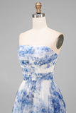 White Blue Flower Strapless A-Line Ruched Midi Floral Dress