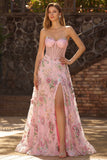 Pink Floral Strapless A-Line Sheer Corset Sequin Long Prom Dress with Slit