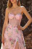 Pink Floral Strapless A-Line Sheer Corset Sequin Long Prom Dress with Slit
