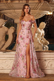 Pink Floral A-Line Off The Shoulder Sequin Long Prom Dress with Slit